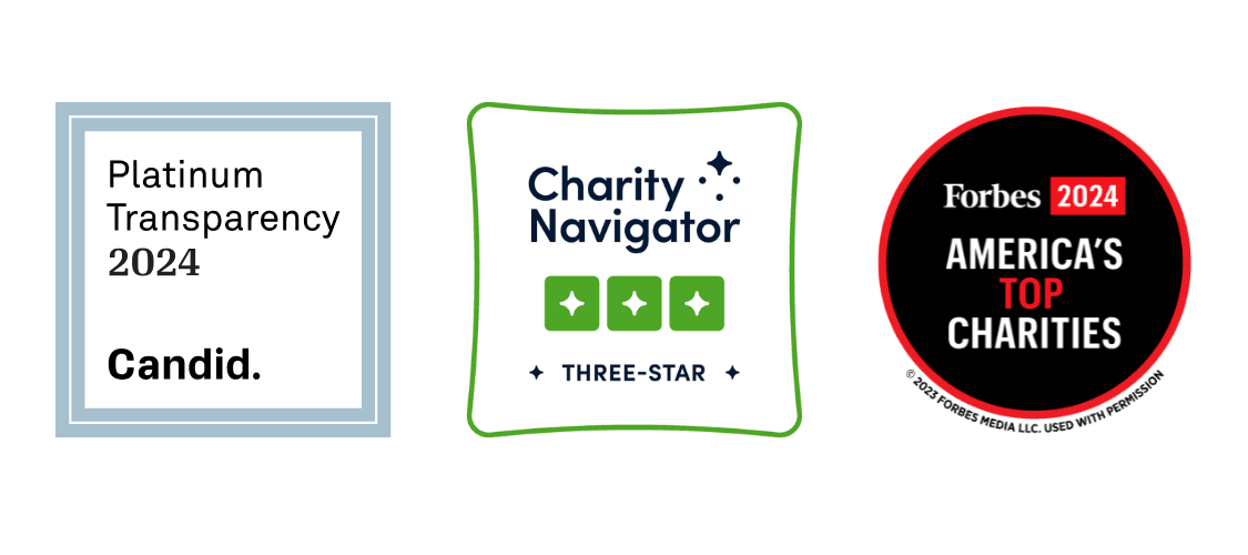 Badges from Candid (Platinun Transparency 2024), Charity Navigator (3 stars), and Forbes (America's Top Charities 2024).