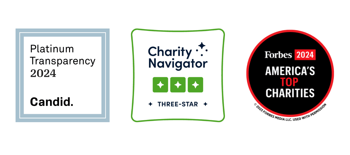 Three badges earned by PATH: Candid Platinum Transparency 2024, Charity Navigator Three-Star Rating, and Forbes 2024 America's Top Charities