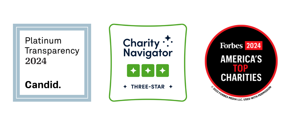 Three badges earned by PATH: Candid Platinum Transparency 2024, Charity Navigator Three-Star Rating, and Forbes 2024 America's Top Charities.