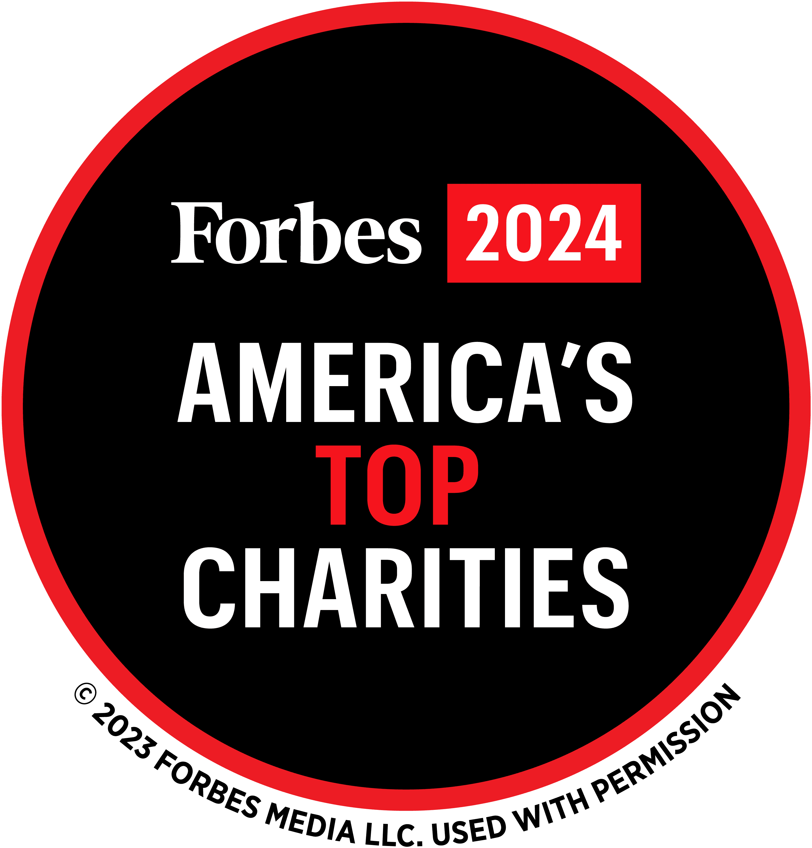 Black and red Forbes Media badge reading Forbes 2024 America's Top Charities